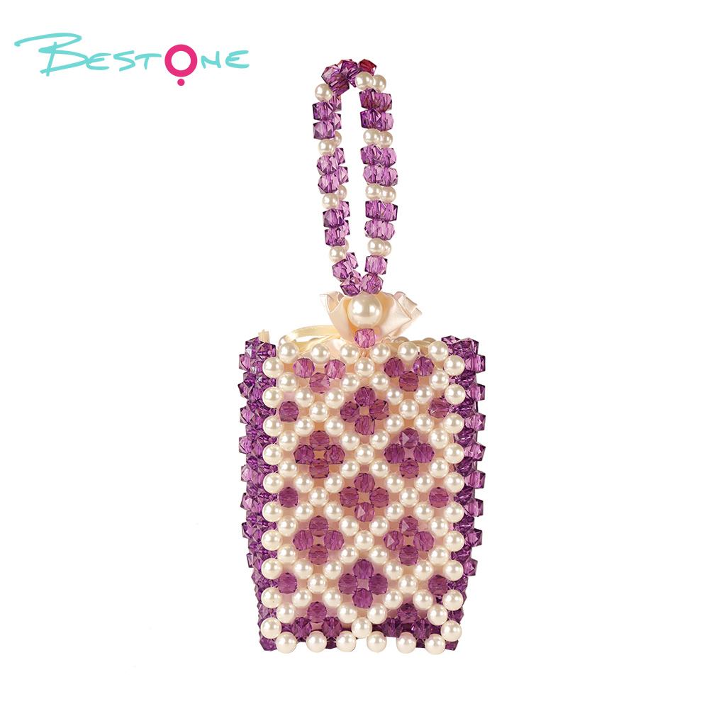 Mini Hollow Beaded Handbag – Blue & Purple – Handwoven Acrylic – 11.5×6×17cm – Chain Length 15cm