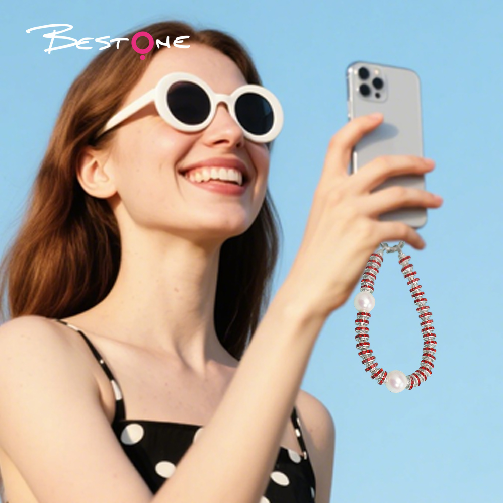 Short Phone Strap with Spring Ring Clasp - Black Rhinestone - 16mm Acrylic Beads - 28cm