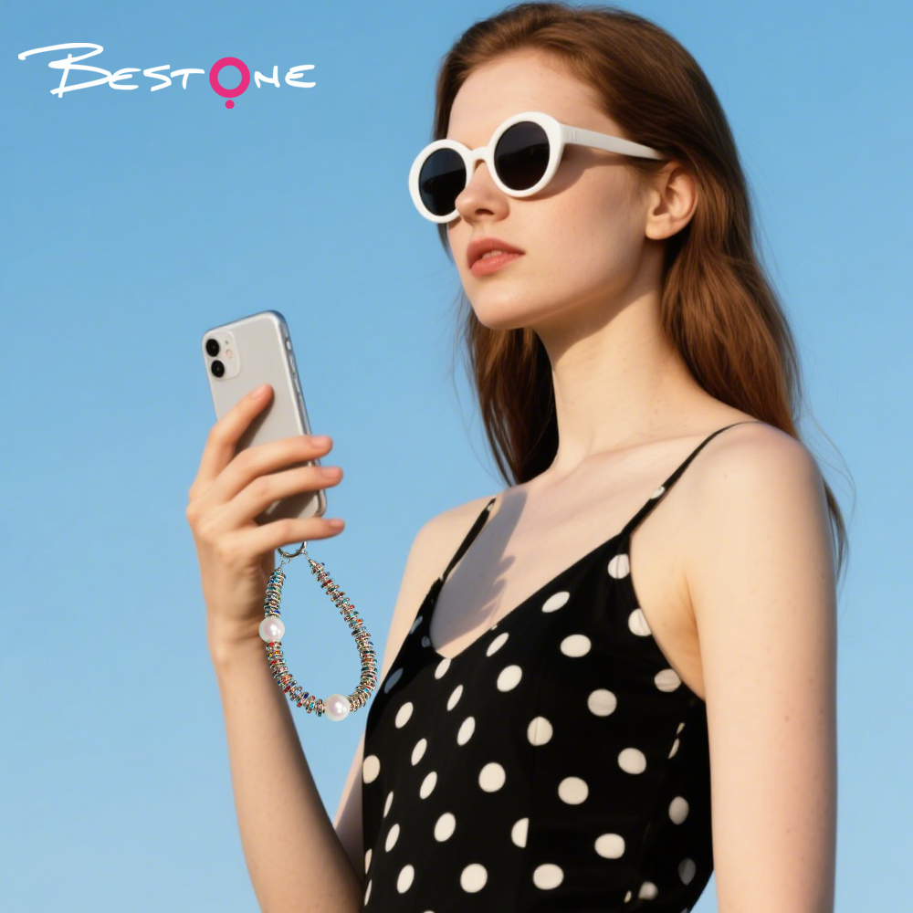 Short Phone Strap with Spring Ring Clasp - Black Rhinestone - 16mm Acrylic Beads - 28cm
