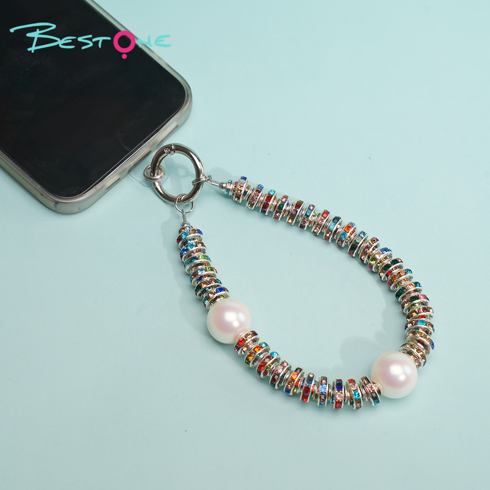 Short Phone Strap with Spring Ring Clasp - Black Rhinestone - 16mm Acrylic Beads - 28cm