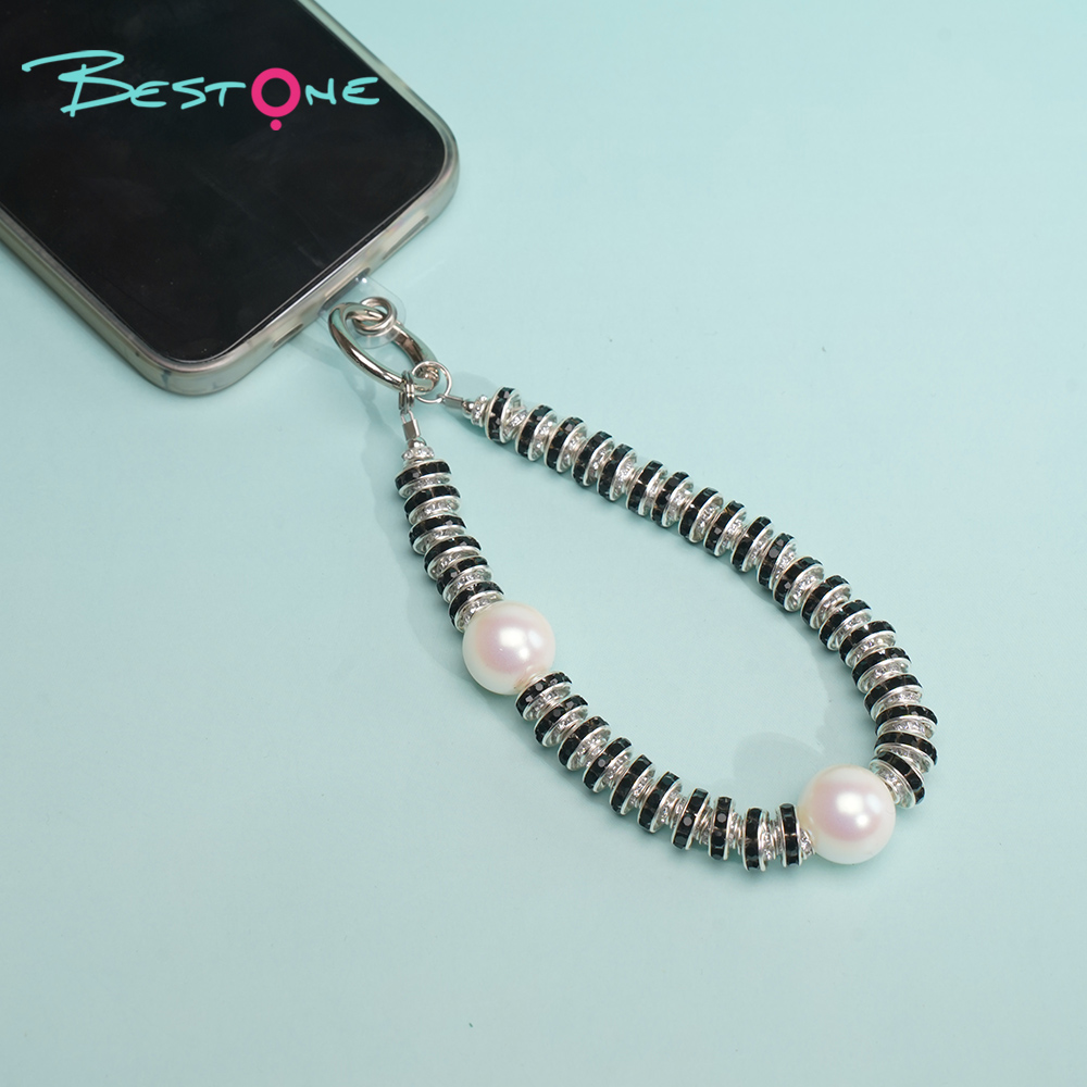 Short Phone Strap with Spring Ring Clasp - Black Rhinestone - 16mm Acrylic Beads - 28cm