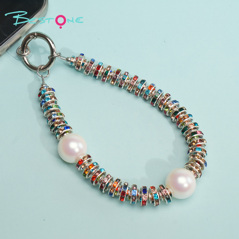 Short Phone Strap with Spring Ring Clasp - Black Rhinestone - 16mm Acrylic Beads - 28cm