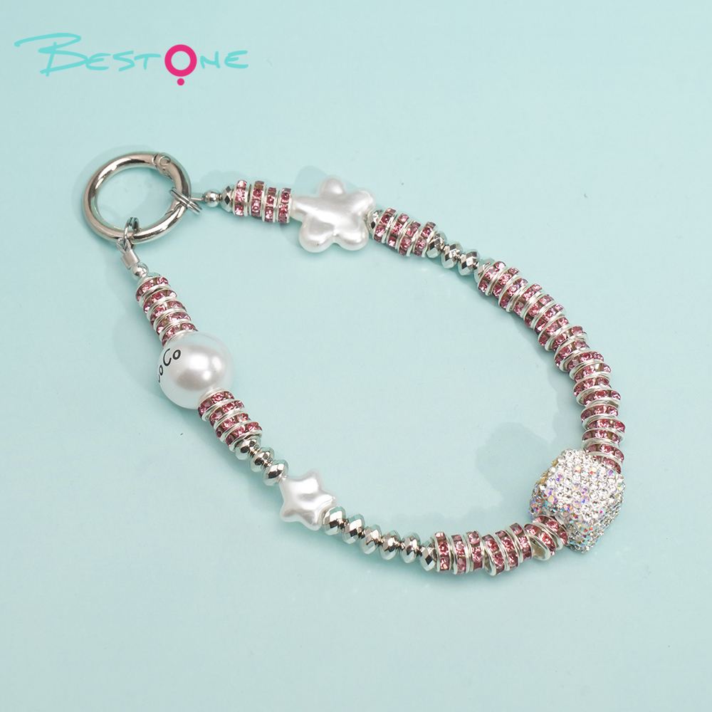 Short Phone Strap with Spring Ring Clasp – Rhinestone Acrylic Star & Cube Beads – 29–30cm