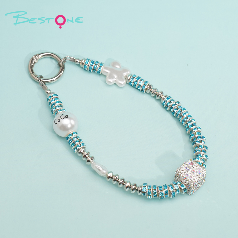 Short Phone Strap with Spring Ring Clasp – Rhinestone Acrylic Star & Cube Beads – 29–30cm