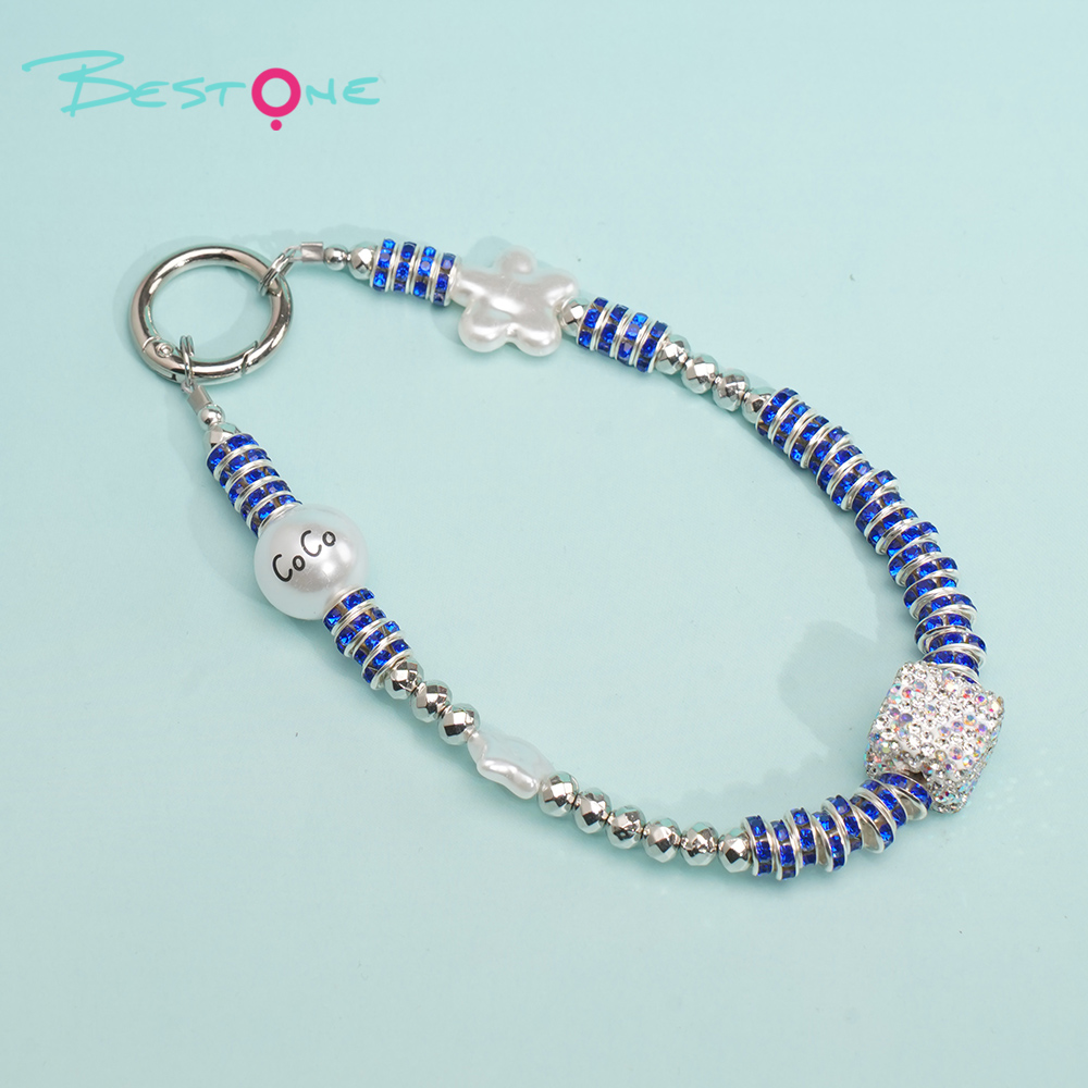 Short Phone Strap with Spring Ring Clasp – Rhinestone Acrylic Star & Cube Beads – 29–30cm
