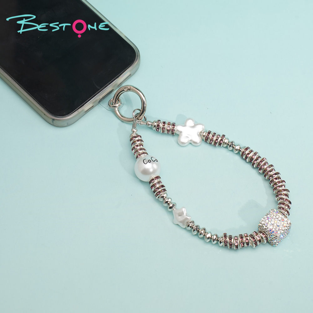 Short Phone Strap with Spring Ring Clasp – Rhinestone Acrylic Star & Cube Beads – 29–30cm
