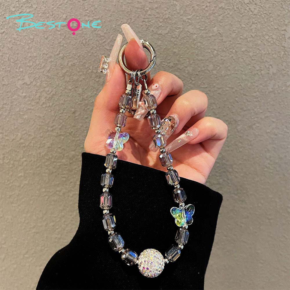 Crystal Beaded Phone Strap – Letter Tag & Butterfly Charm – 6 Color Variants – OEM Available