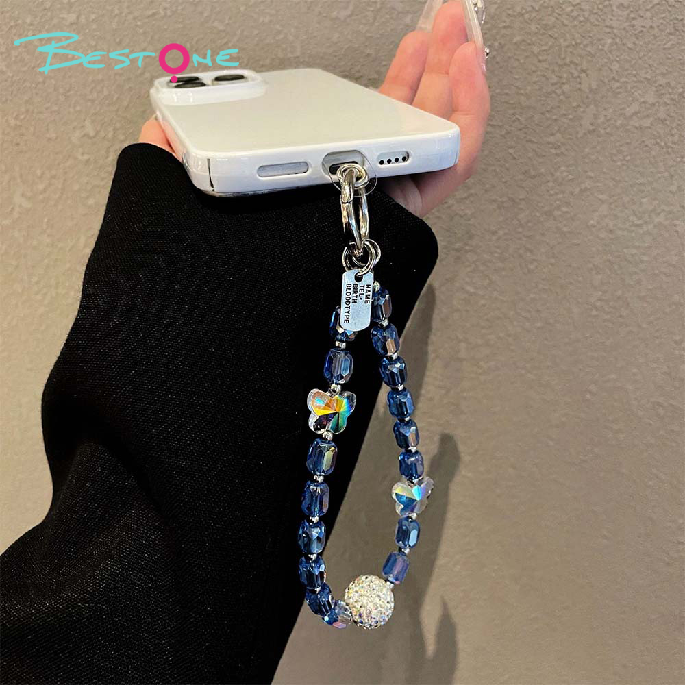 Crystal Beaded Phone Strap – Letter Tag & Butterfly Charm – 6 Color Variants – OEM Available