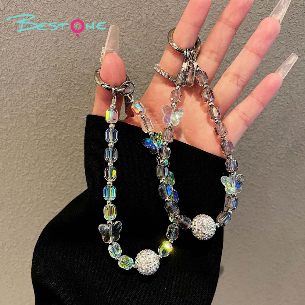 Crystal Beaded Phone Strap – Letter Tag & Butterfly Charm – 6 Color Variants – OEM Available