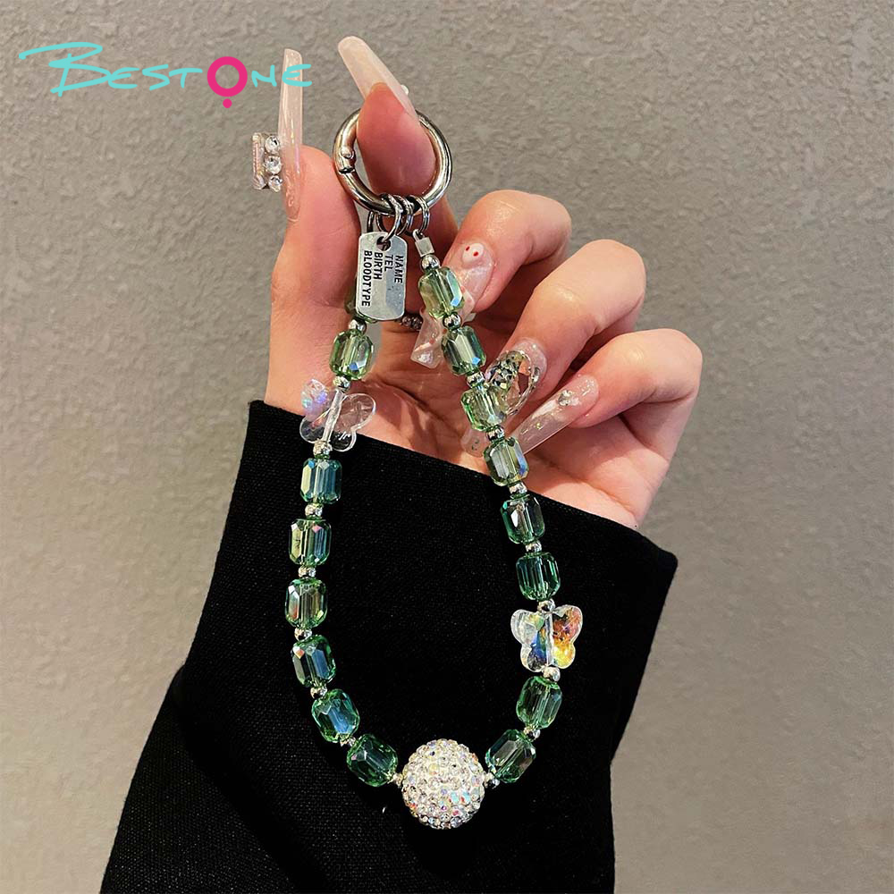 Crystal Beaded Phone Strap – Letter Tag & Butterfly Charm – 6 Color Variants – OEM Available