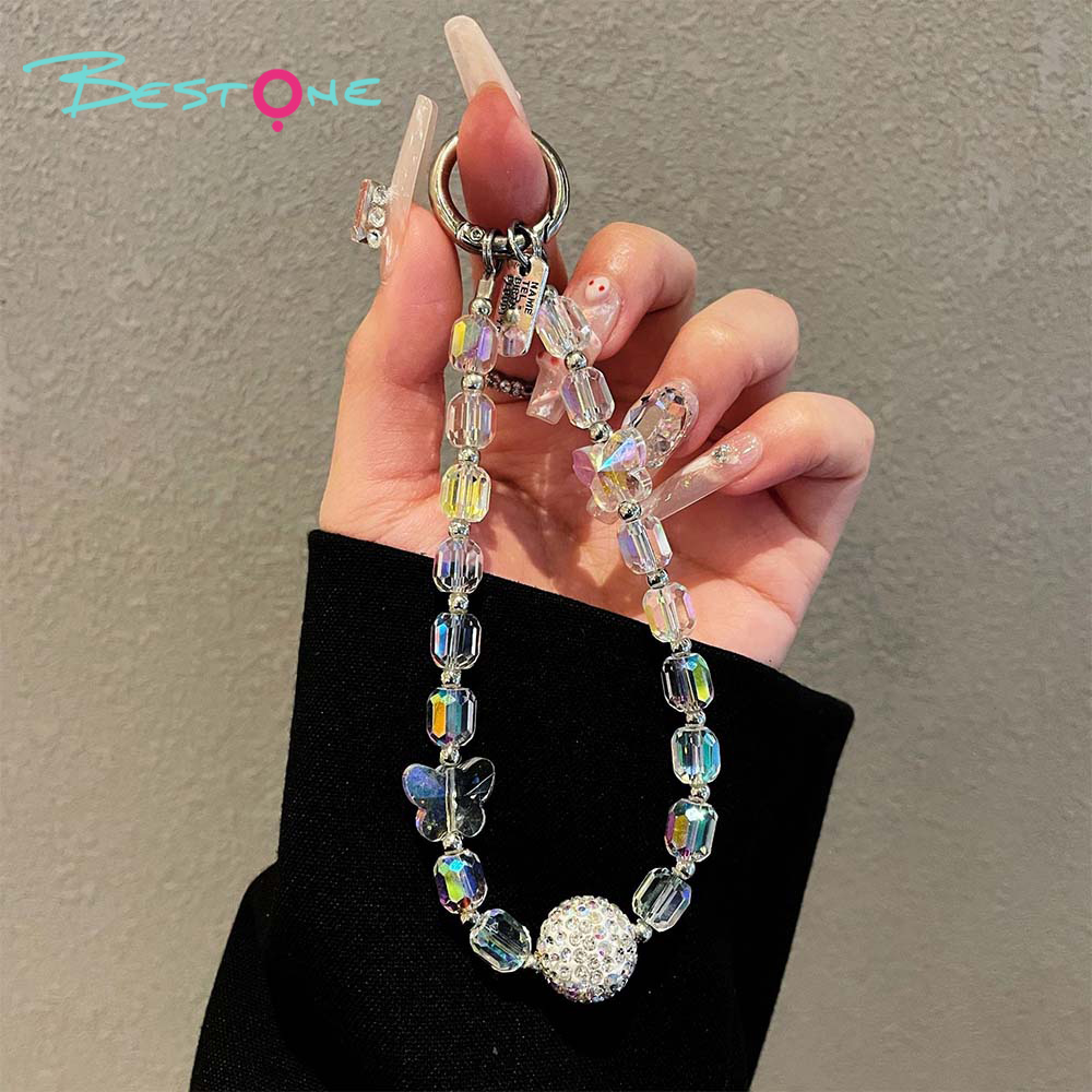Crystal Beaded Phone Strap – Letter Tag & Butterfly Charm – 6 Color Variants – OEM Available