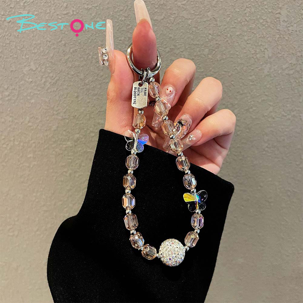 Crystal Beaded Phone Strap – Letter Tag & Butterfly Charm – 6 Color Variants – OEM Available