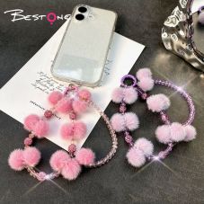 Fuzzy Pom-Pom Crystal Phone Strap – 7 Color Variants – 15mm Fluffy Charm – OEM Friendly