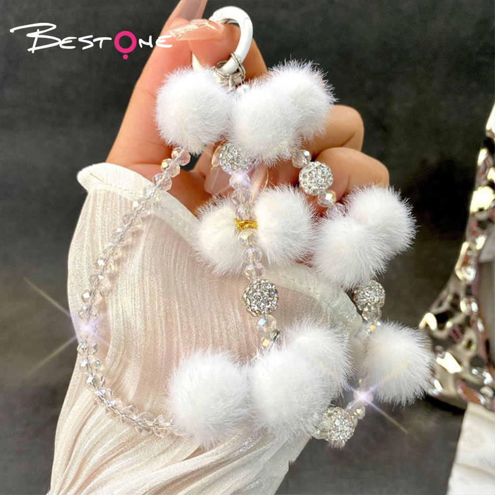 Fuzzy Pom-Pom Crystal Phone Strap – 7 Color Variants – 15mm Fluffy Charm – OEM Friendly