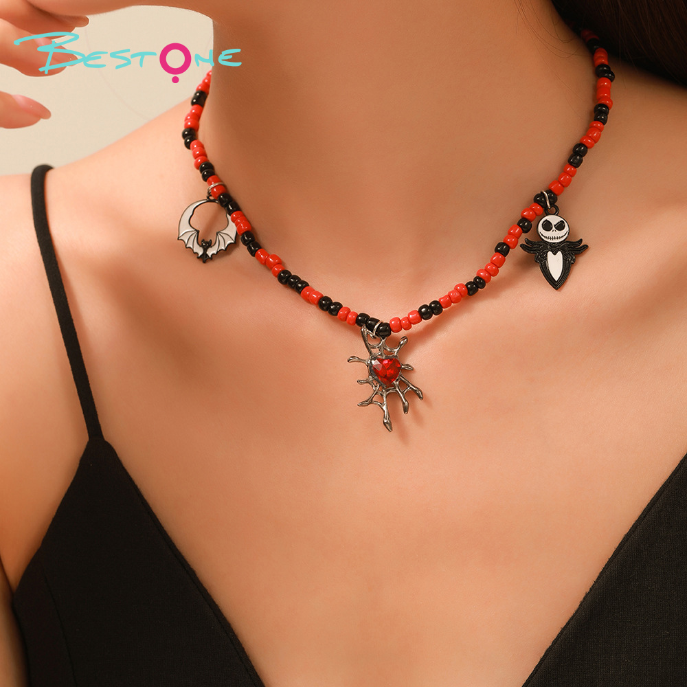 Halloween Beaded Pendant Necklaces – Spider, Pumpkin & Skull Themes – 37–38cm + Extender – OEM Available