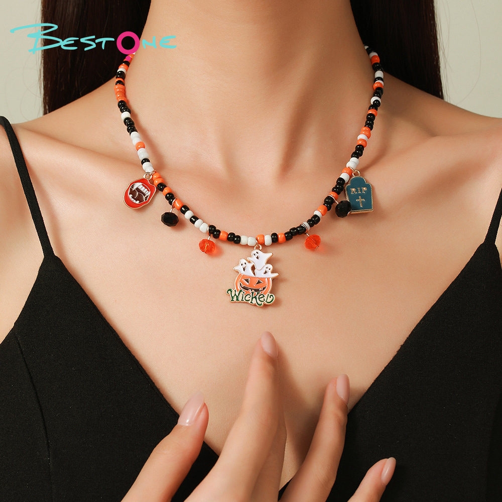 Halloween Beaded Pendant Necklaces – Spider, Pumpkin & Skull Themes – 37–38cm + Extender – OEM Available