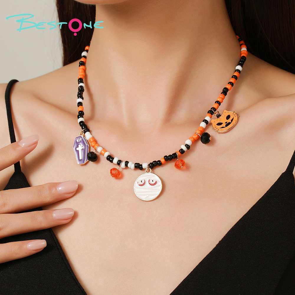 Halloween Beaded Pendant Necklaces – Spider, Pumpkin & Skull Themes – 37–38cm + Extender – OEM Available