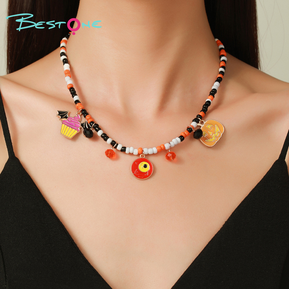 Halloween Beaded Pendant Necklaces – Spider, Pumpkin & Skull Themes – 37–38cm + Extender – OEM Available