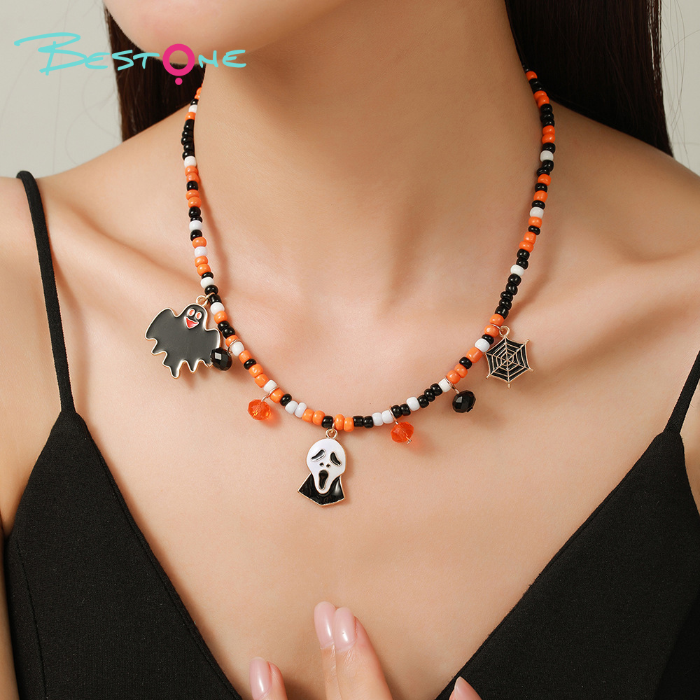 Halloween Beaded Pendant Necklaces – Spider, Pumpkin & Skull Themes – 37–38cm + Extender – OEM Available