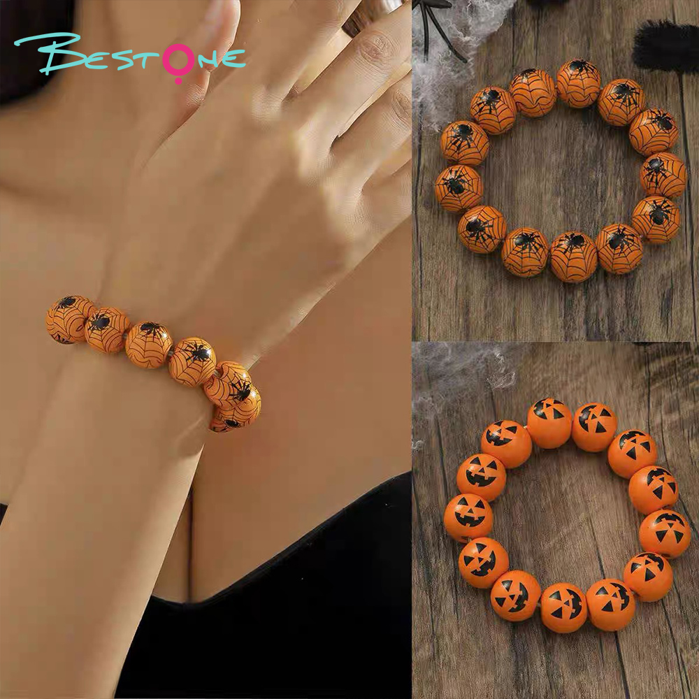 Halloween Wooden Bead Bracelets – Spooky Eye, Skull, Spider Designs – 16mm Beads – 19cm Elastic Fit