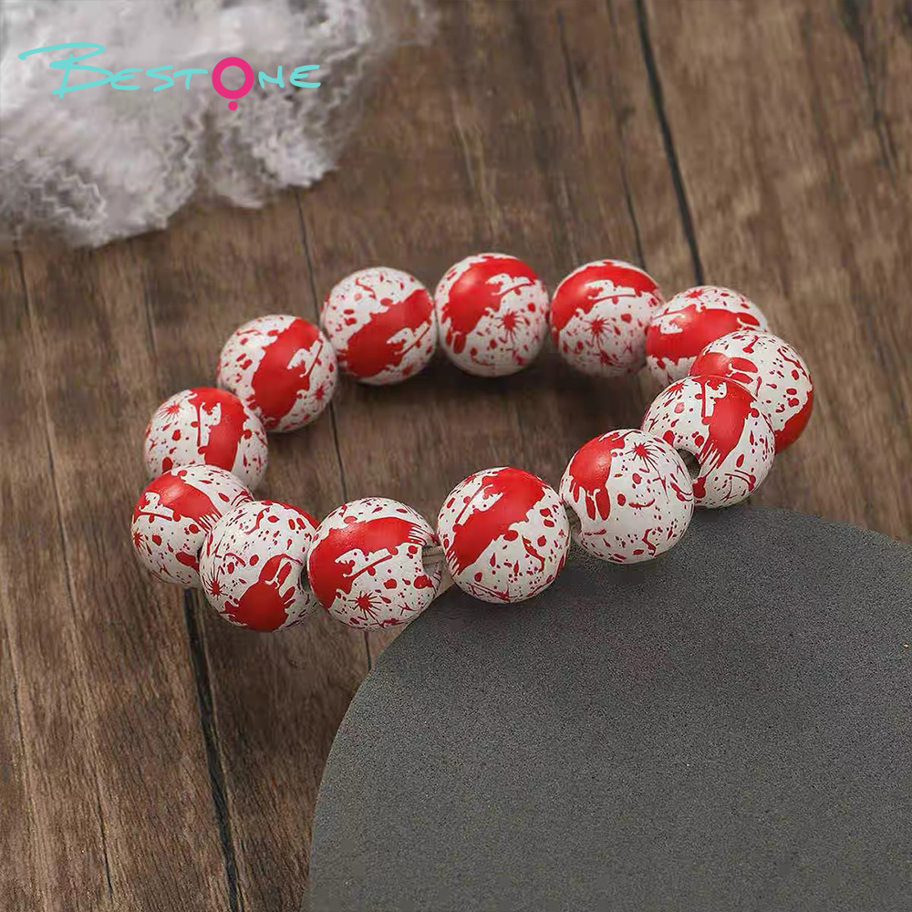 Halloween Wooden Bead Bracelets – Spooky Eye, Skull, Spider Designs – 16mm Beads – 19cm Elastic Fit