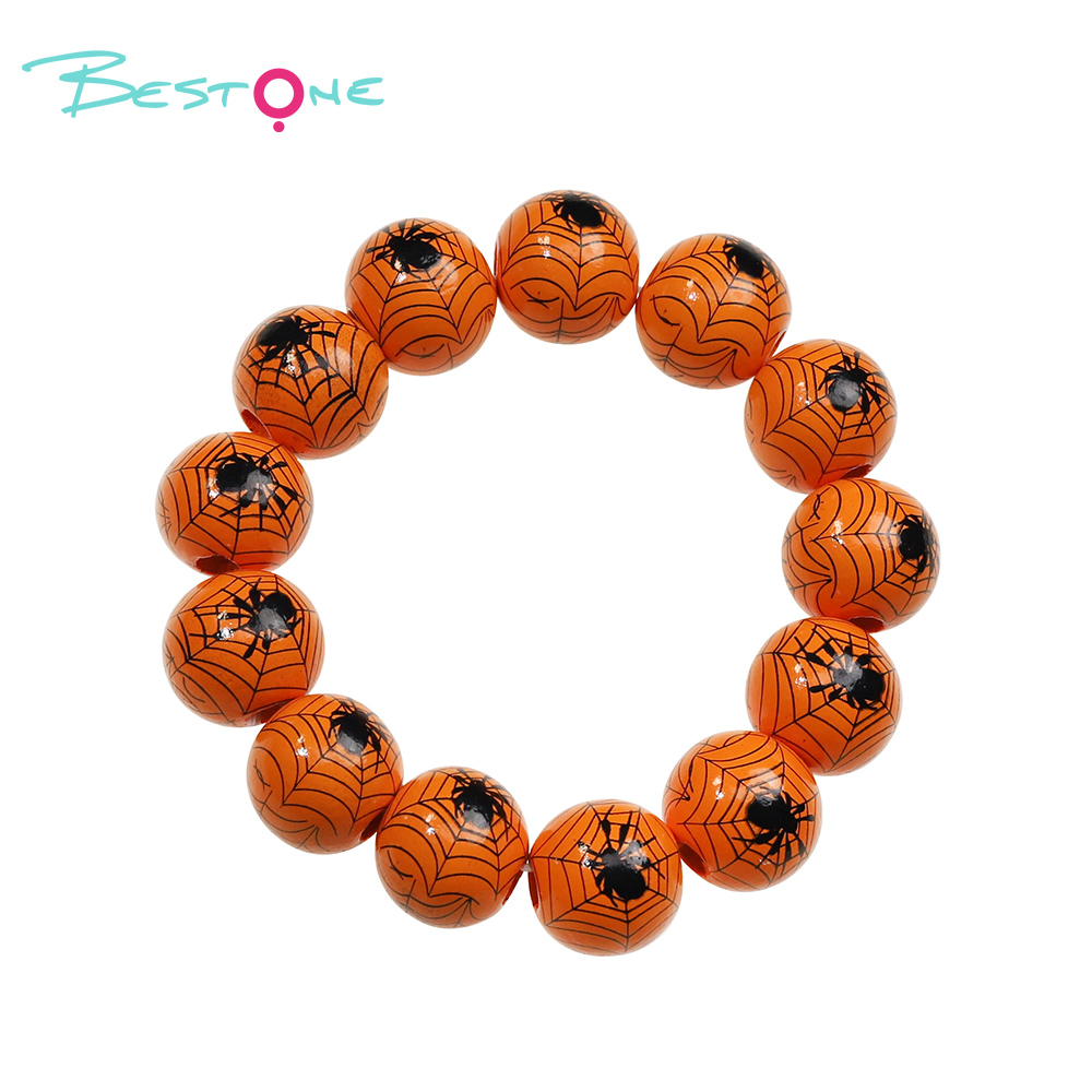 Halloween Wooden Bead Bracelets – Spooky Eye, Skull, Spider Designs – 16mm Beads – 19cm Elastic Fit