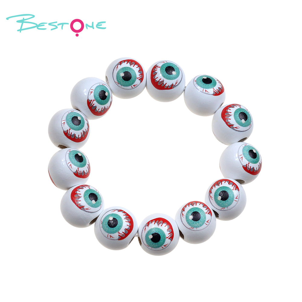 Halloween Wooden Bead Bracelets – Spooky Eye, Skull, Spider Designs – 16mm Beads – 19cm Elastic Fit