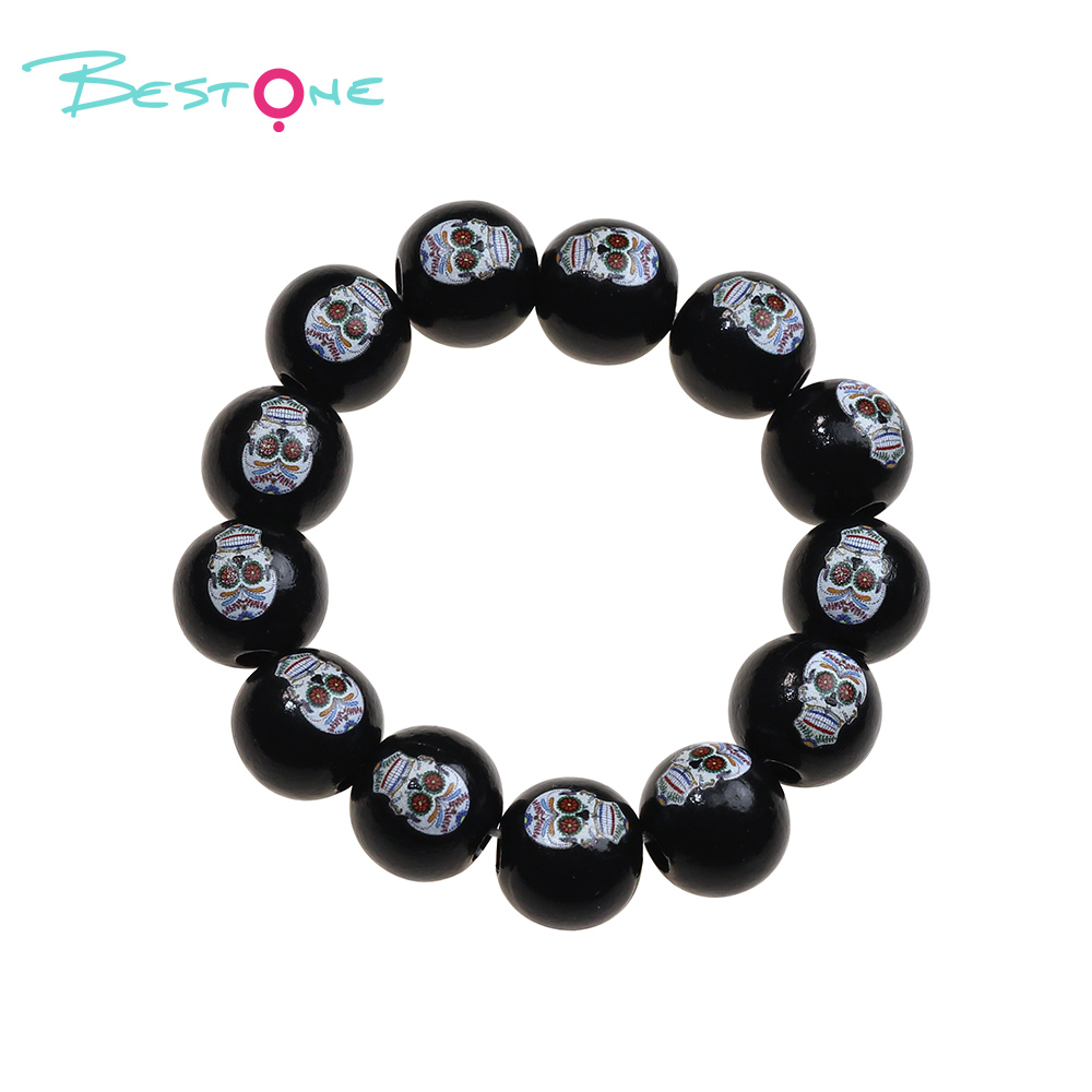 Halloween Wooden Bead Bracelets – Spooky Eye, Skull, Spider Designs – 16mm Beads – 19cm Elastic Fit