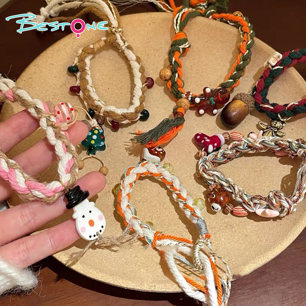 Christmas Woven Pull-Cord Bracelets – Handcrafted Cotton Rope – Acrylic & Mixed Charms – Adjustable Fit – 18cm