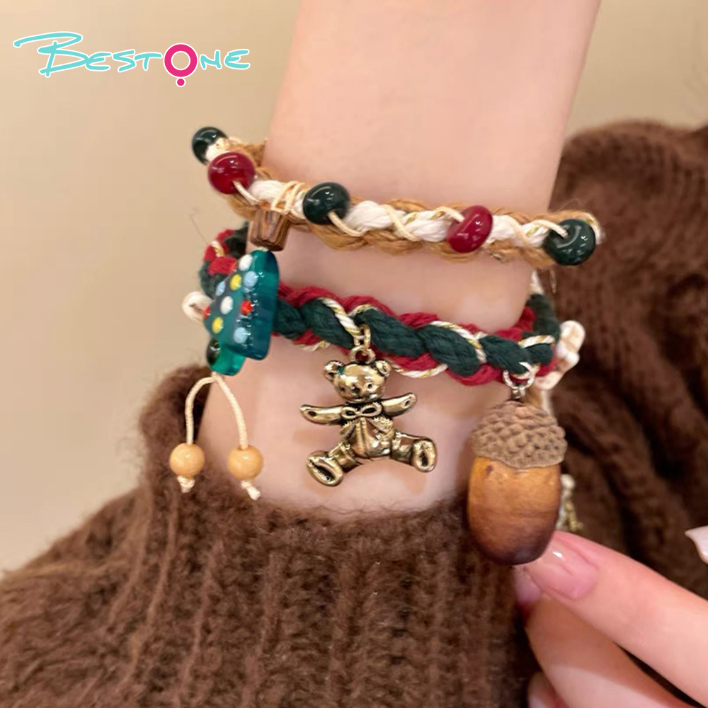Christmas Woven Pull-Cord Bracelets – Handcrafted Cotton Rope – Acrylic & Mixed Charms – Adjustable Fit – 18cm