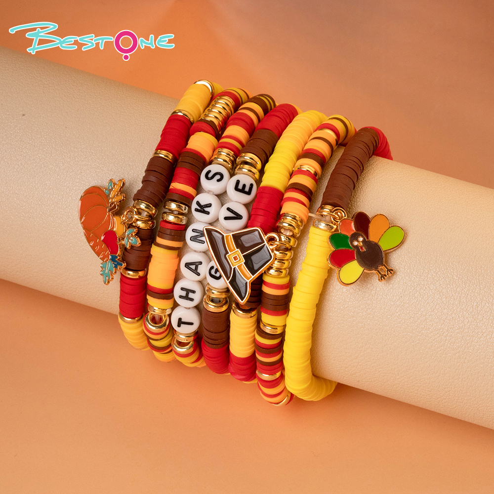Thanksgiving Multi-Strand Bracelet Sets – 5 to 7 Stackable Pieces – Fall Color Themes with Holiday Charms