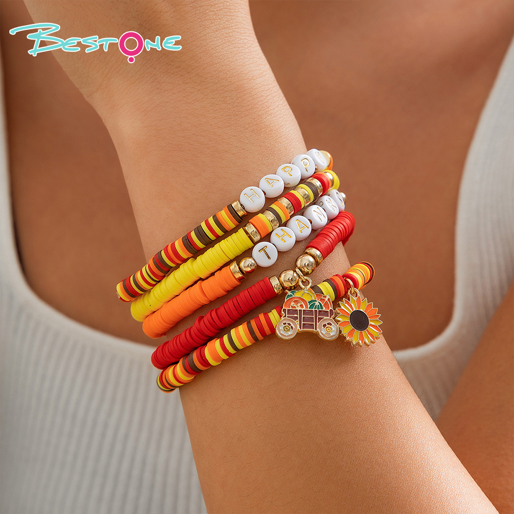 Thanksgiving Multi-Bracelet Stack Sets – 5 to 8 Pieces – Leaf, Word Bead, Sunflower & Peacock Charms – Autumn Color Series