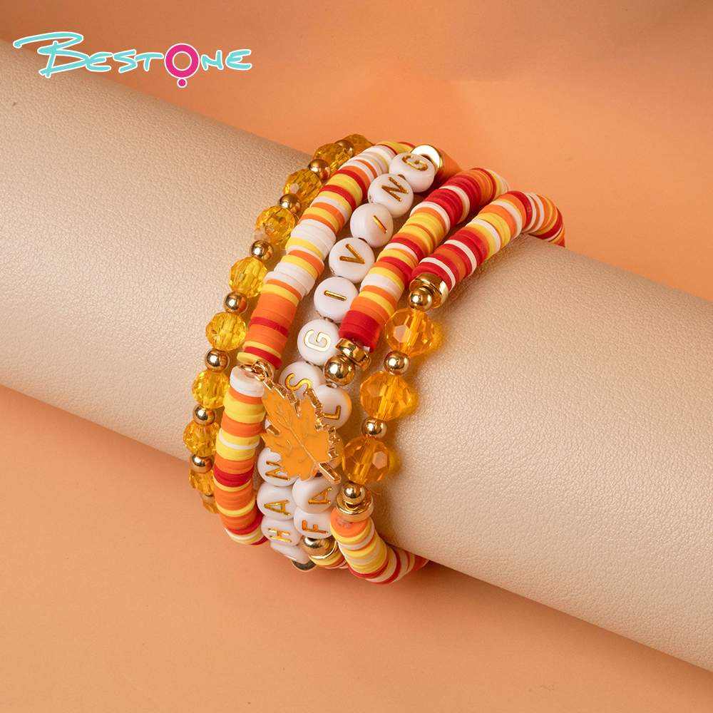 Thanksgiving Multi-Bracelet Stack Sets – 5 to 8 Pieces – Leaf, Word Bead, Sunflower & Peacock Charms – Autumn Color Series