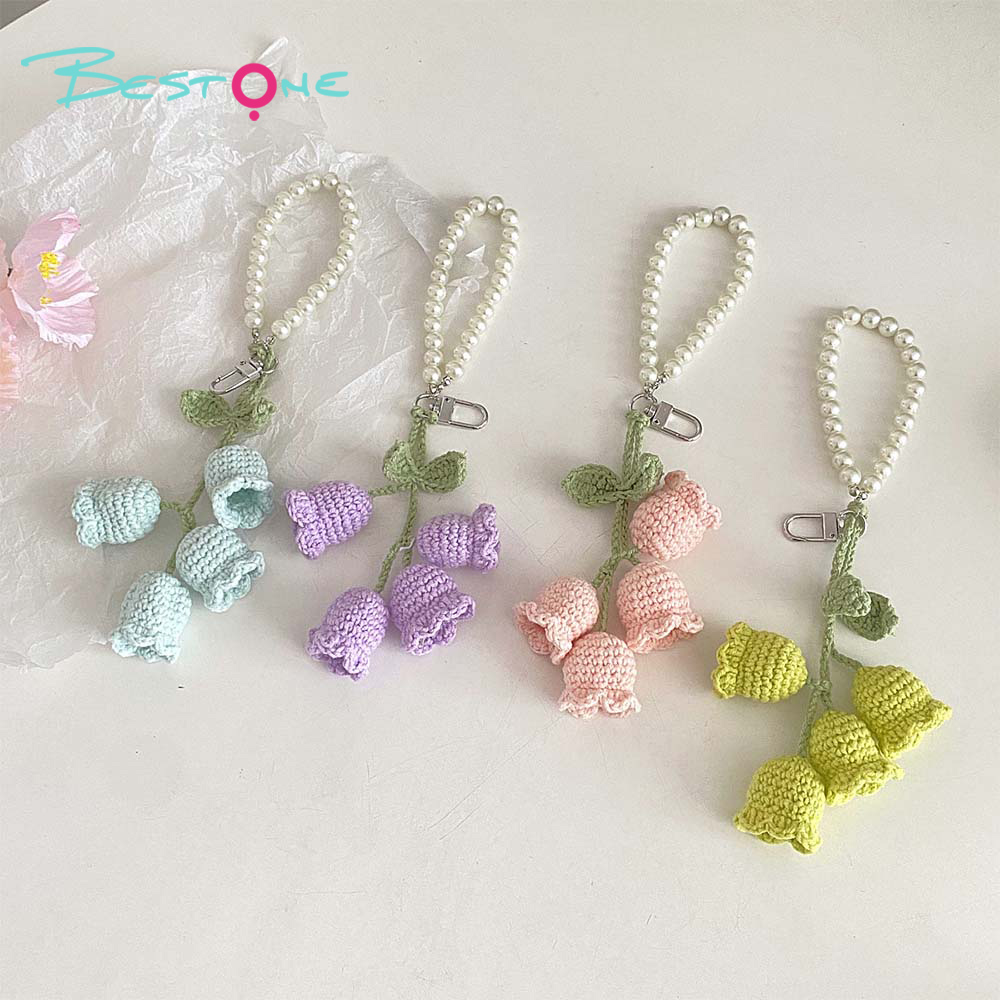 Crochet Lily of the Valley Keychain with 8mm Pearl Chain – Handmade 4 Flowers Bag Charm for Gifts & Accessories