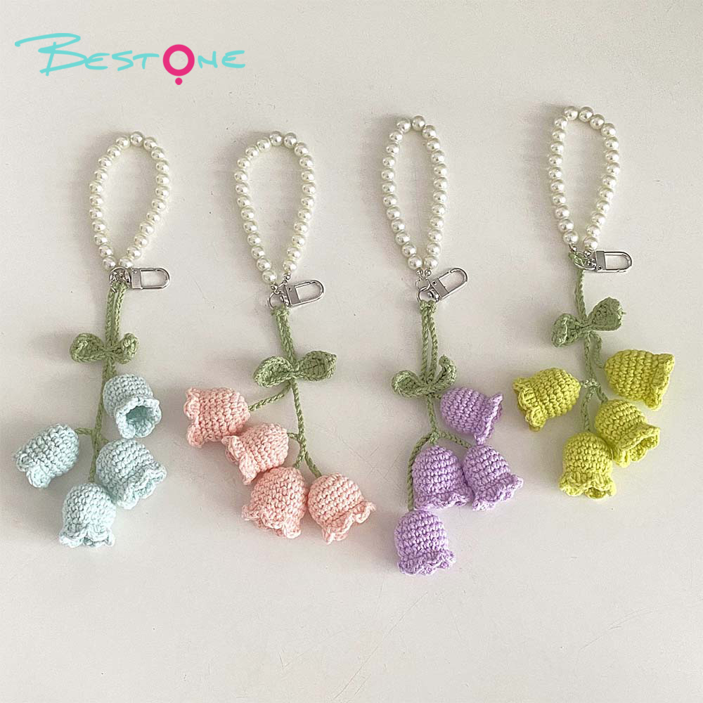 Crochet Lily of the Valley Keychain with 8mm Pearl Chain – Handmade 4 Flowers Bag Charm for Gifts & Accessories