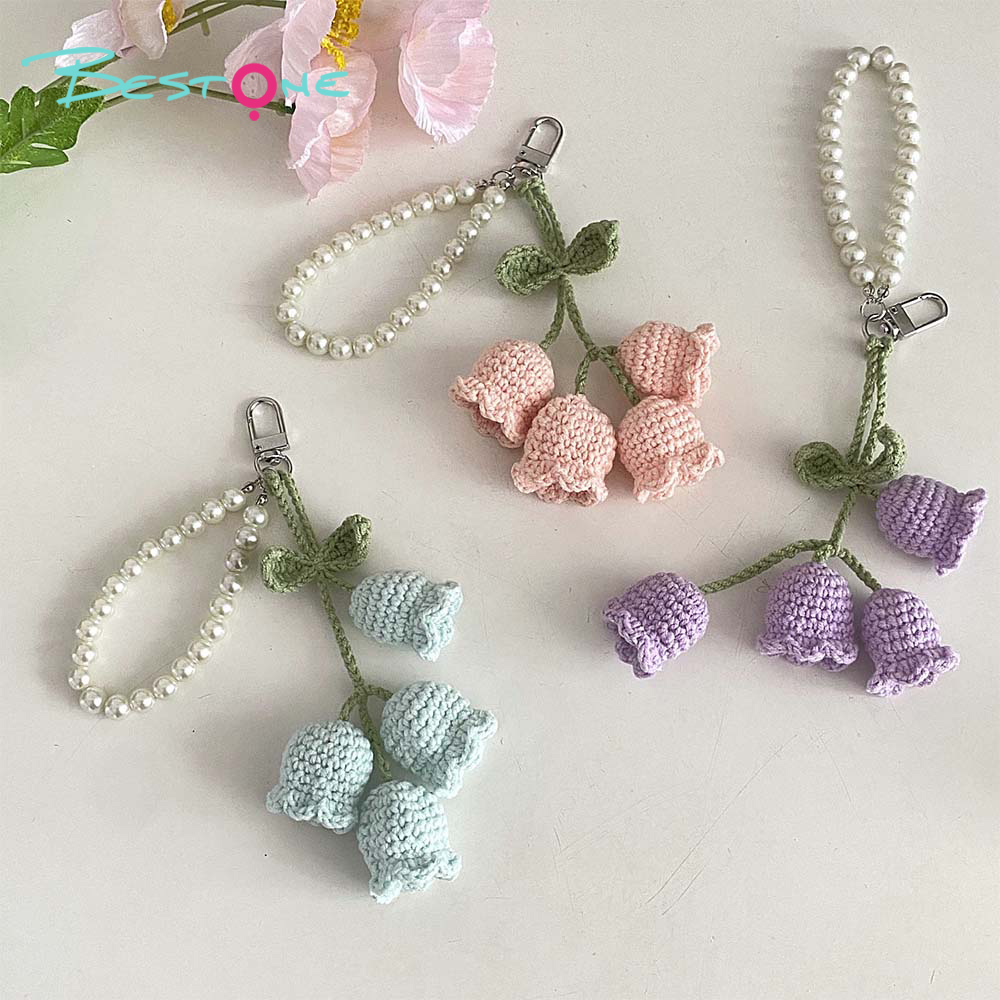 Crochet Lily of the Valley Keychain with 8mm Pearl Chain – Handmade 4 Flowers Bag Charm for Gifts & Accessories