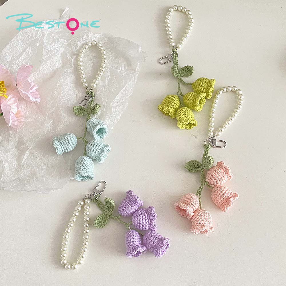 Crochet Lily of the Valley Keychain with 8mm Pearl Chain – Handmade 4 Flowers Bag Charm for Gifts & Accessories