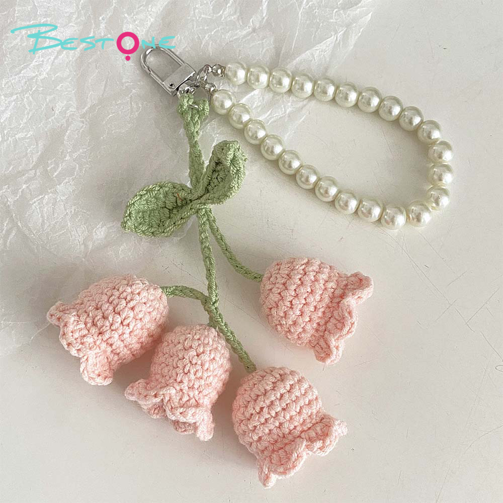 Crochet Lily of the Valley Keychain with 8mm Pearl Chain – Handmade 4 Flowers Bag Charm for Gifts & Accessories