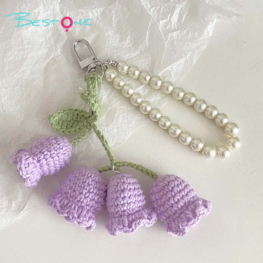 Crochet Lily of the Valley Keychain with 8mm Pearl Chain – Handmade 4 Flowers Bag Charm for Gifts & Accessories