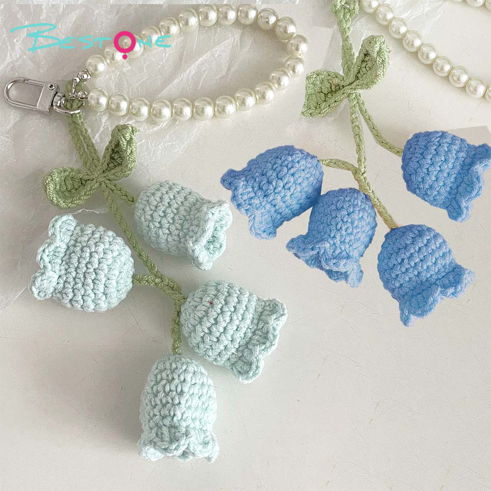Crochet Lily of the Valley Keychain with 8mm Pearl Chain – Handmade 4 Flowers Bag Charm for Gifts & Accessories