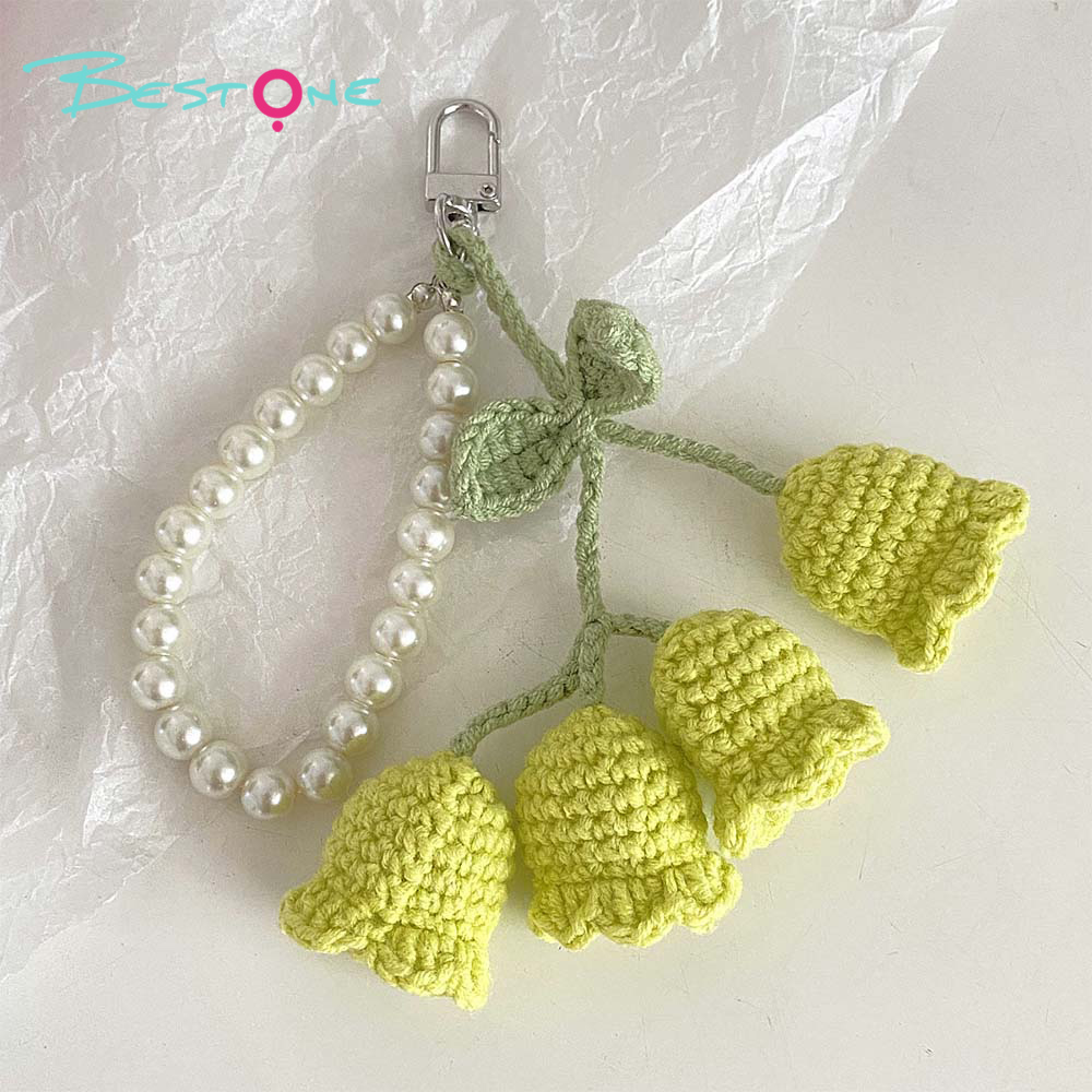 Crochet Lily of the Valley Keychain with 8mm Pearl Chain – Handmade 4 Flowers Bag Charm for Gifts & Accessories