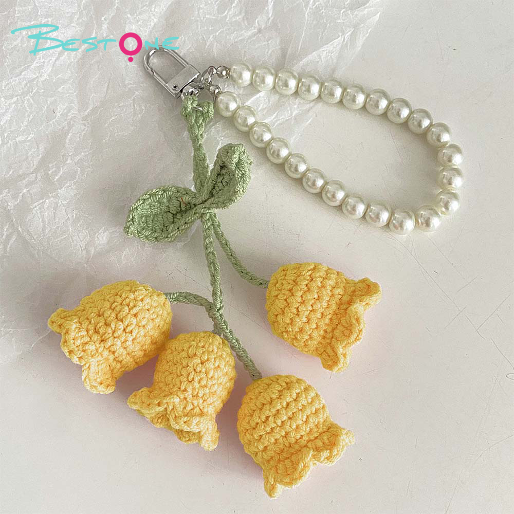 Crochet Lily of the Valley Keychain with 8mm Pearl Chain – Handmade 4 Flowers Bag Charm for Gifts & Accessories