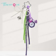 MIU Style Chip Keychain with Pearl Bow and Alloy Pendants – 8cm Bag Charm with Dice and Heart Pendant