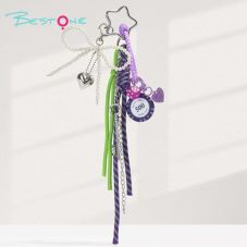 MIU Style Chip Keychain with Pearl Bow and Alloy Pendants – 8cm Bag Charm with Dice and Heart Pendant
