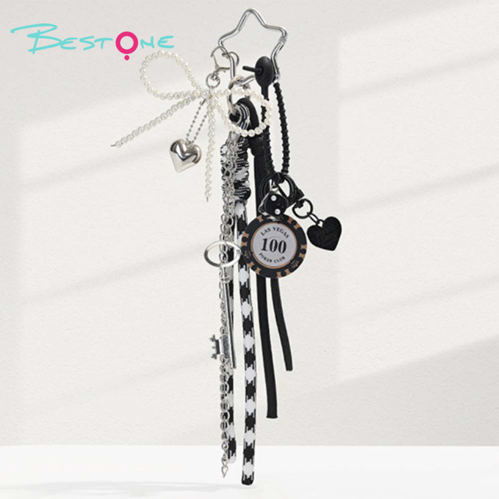 MIU Style Chip Keychain with Pearl Bow and Alloy Pendants – 8cm Bag Charm with Dice and Heart Pendant