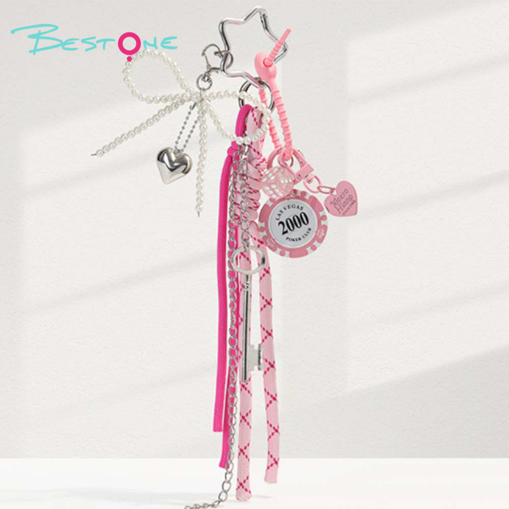 MIU Style Chip Keychain with Pearl Bow and Alloy Pendants – 8cm Bag Charm with Dice and Heart Pendant