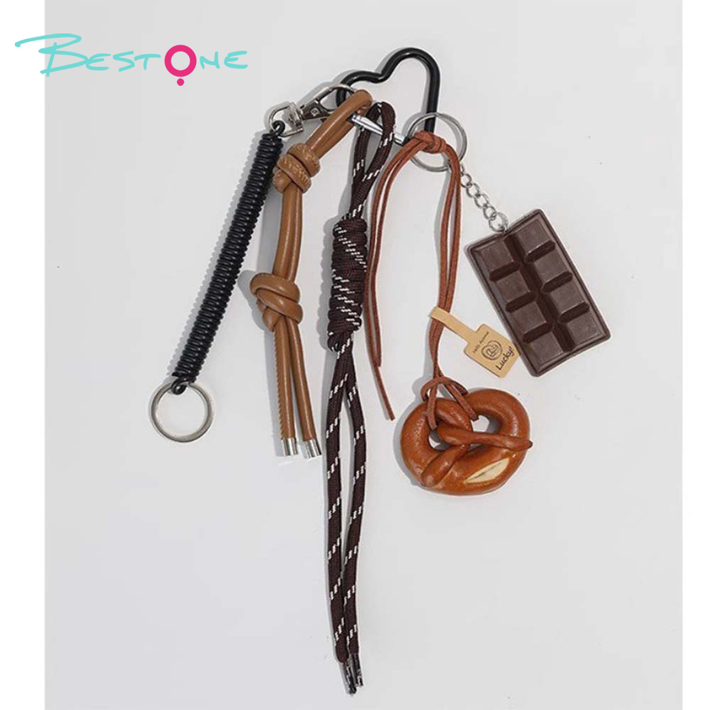 MIU Style Chip Keychain with Pearl Bow and Alloy Pendants – 8cm Bag Charm with Dice and Heart Pendant
