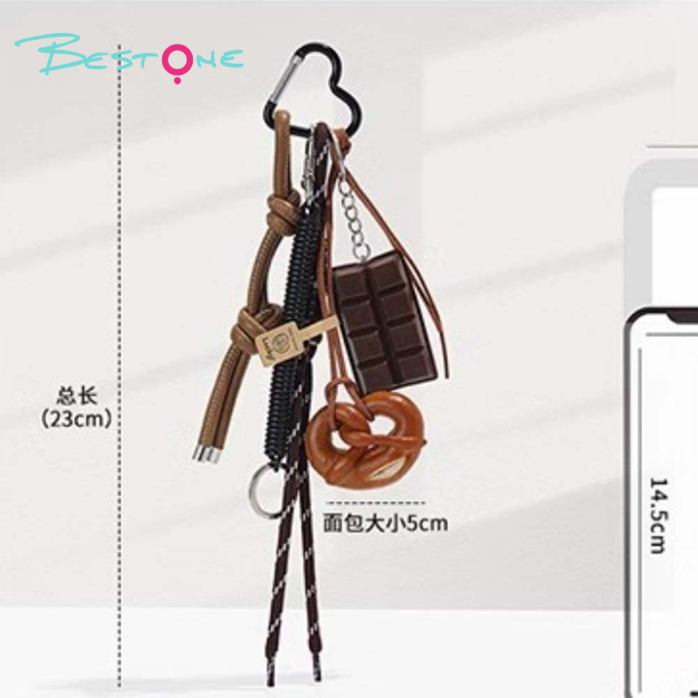 MIU Style Chip Keychain with Pearl Bow and Alloy Pendants – 8cm Bag Charm with Dice and Heart Pendant