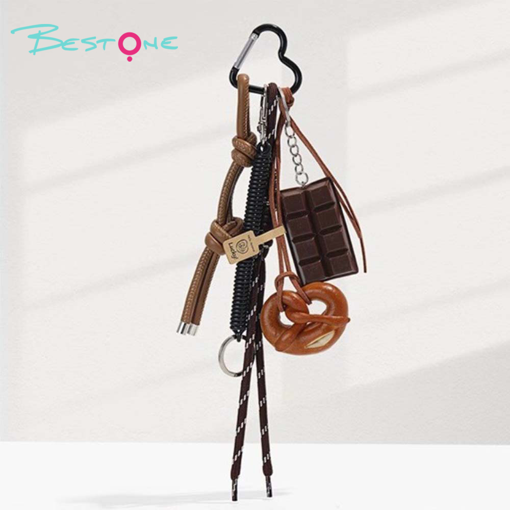 MIU Style Chip Keychain with Pearl Bow and Alloy Pendants – 8cm Bag Charm with Dice and Heart Pendant