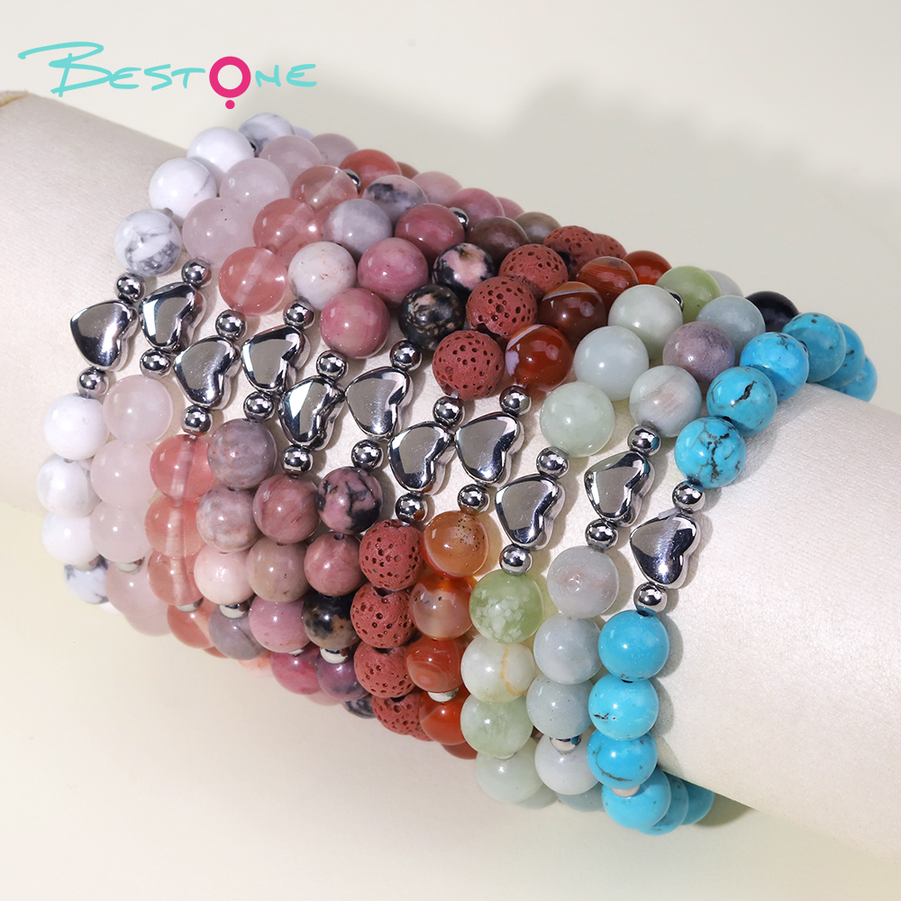 Gemstone Beaded Bracelet with Stainless Steel Heart – 8mm Natural Stone Beads, 18cm Stretch Bracelet for Gifts & Fashion Jewelry